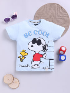 Happy Faces Peanuts Printed  Pure Cotton T-Shirt For Boys (Blue, Pack Of 1)