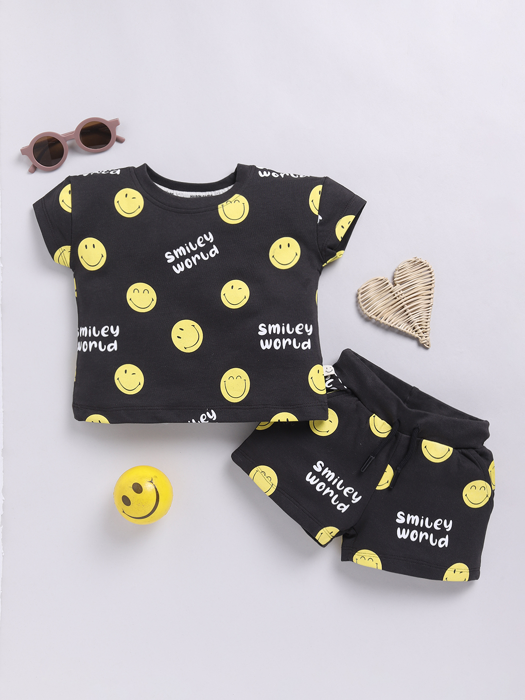 Happy Faces Smiley World Printed  Pure Cotton Clothing Set For Girls(Charcoal , Pack Of 1)