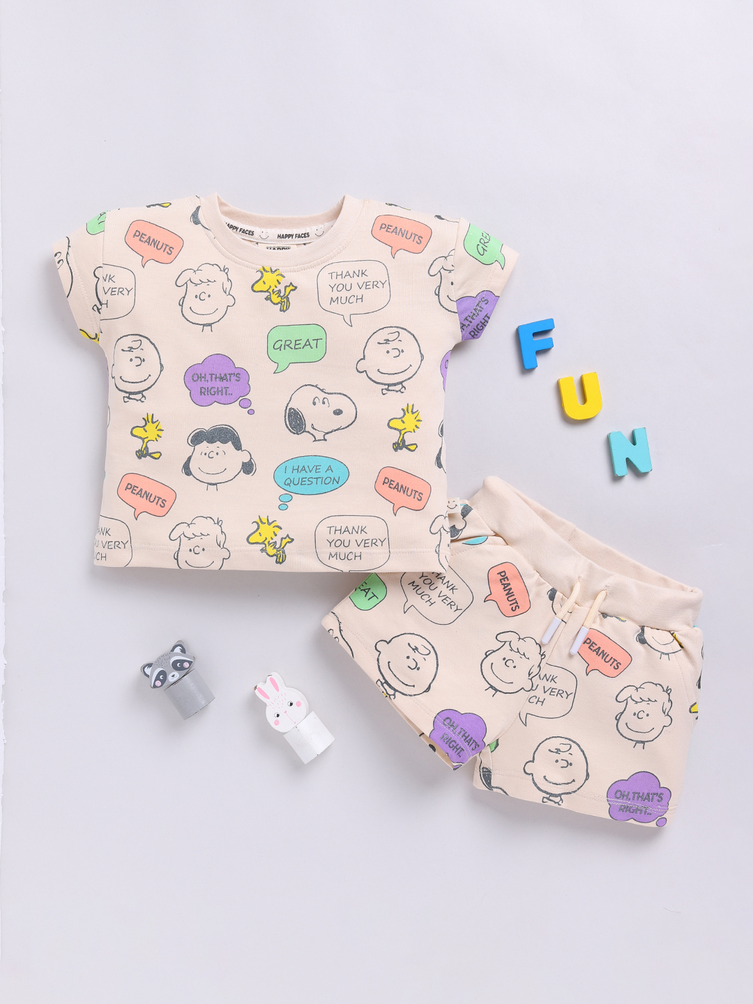Happy Faces Peanuts Printed  Pure Cotton Clothing Set For Girls(Beige , Pack Of 1)