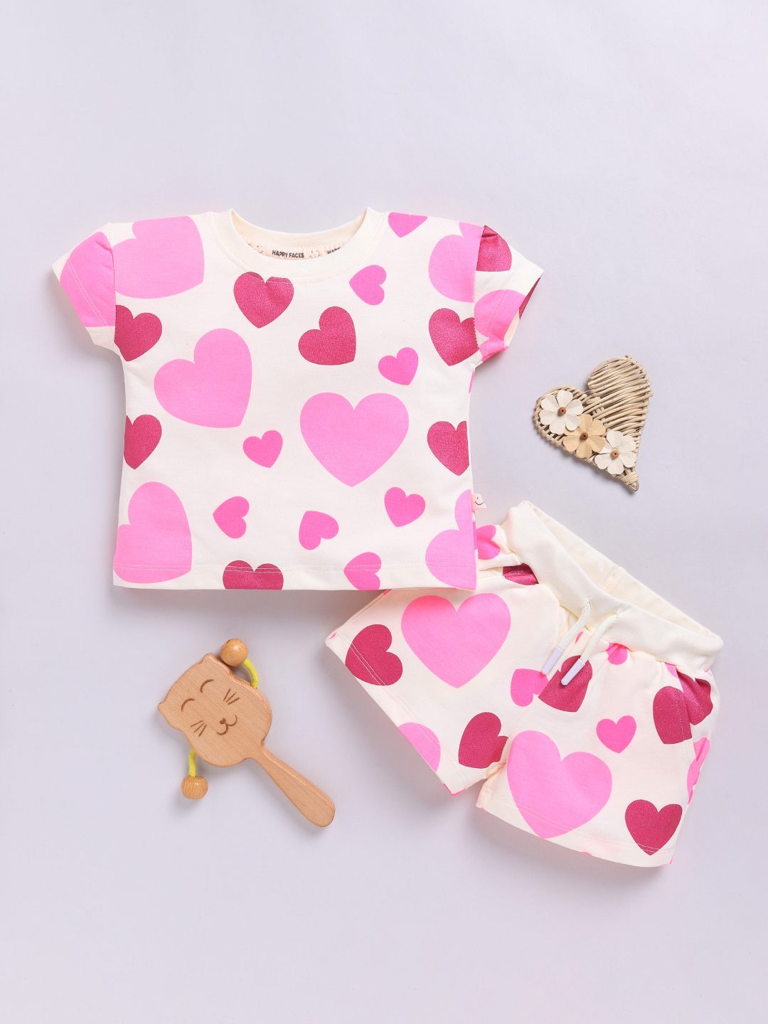 Happy Faces Graphic Printed  Pure Cotton Clothing Set For Girls(Off White , Pack Of 1)