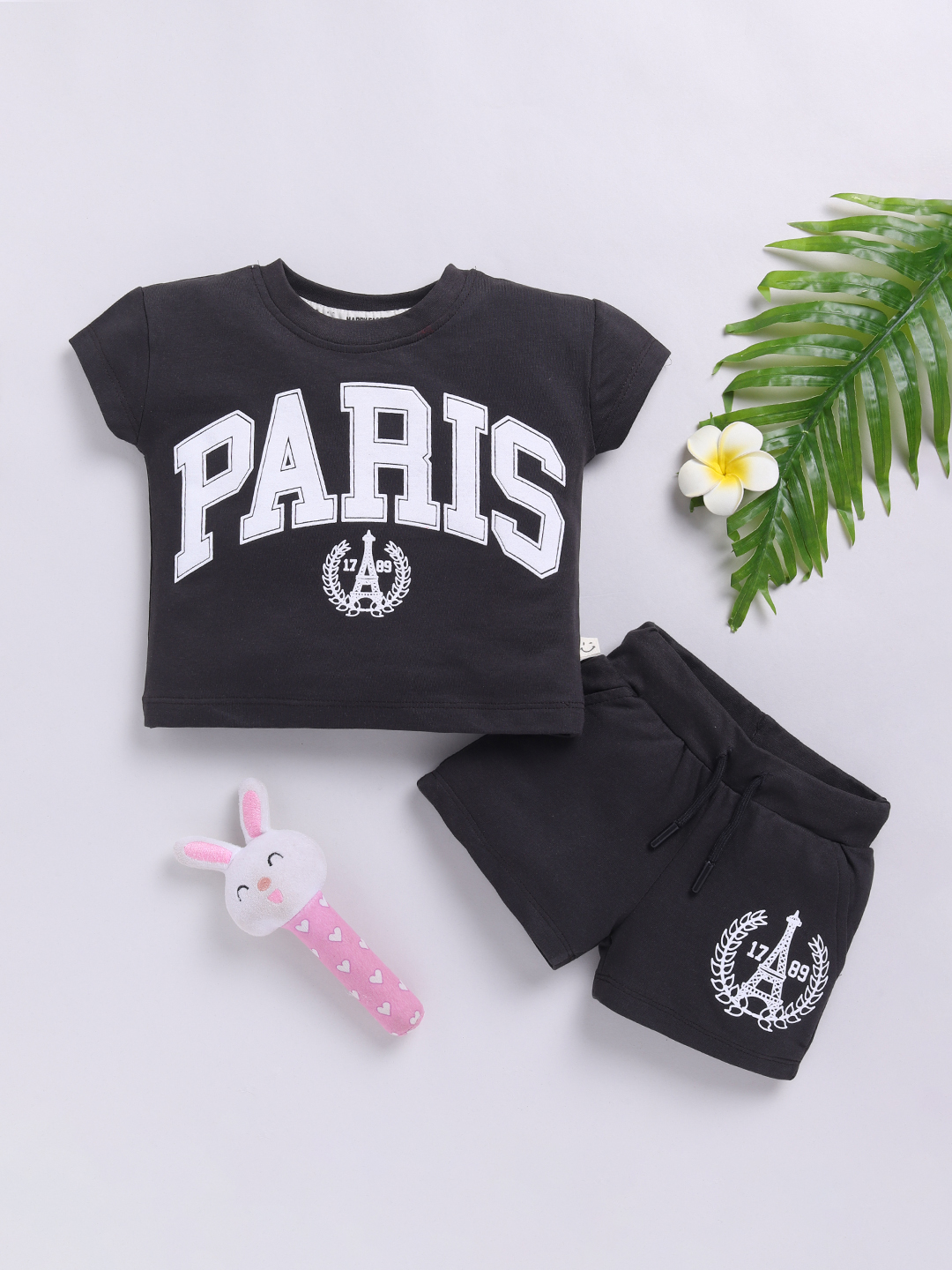 Happy Faces Graphic Printed  Pure Cotton Clothing Set For Girls(Charcoal , Pack Of 1)