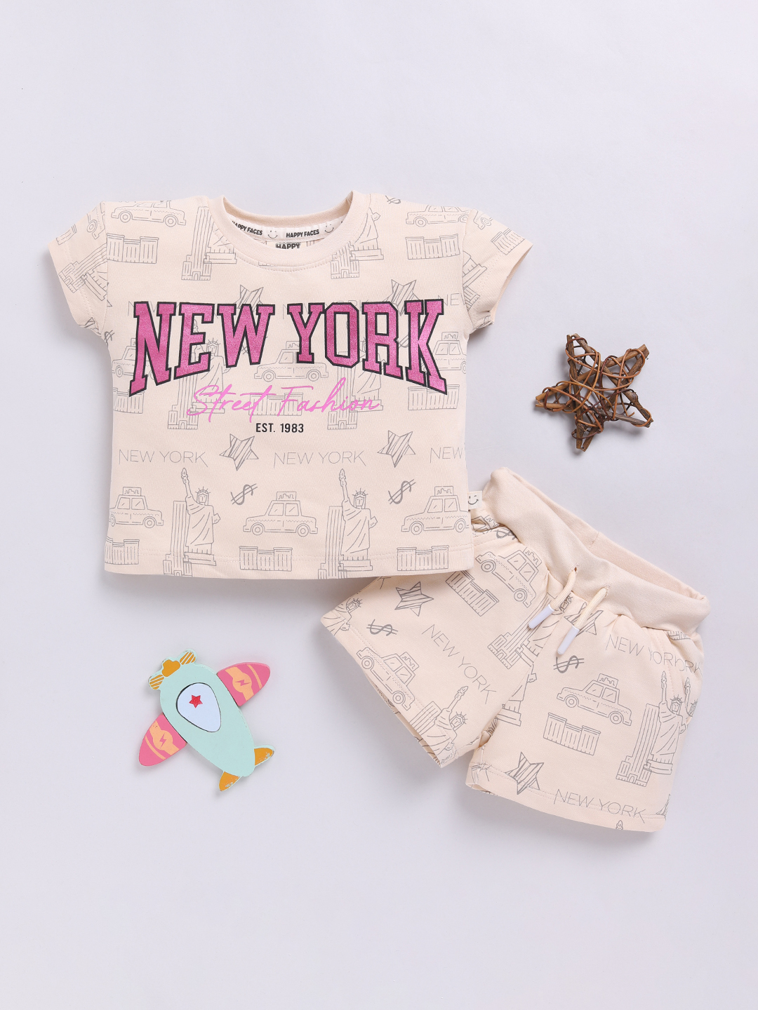 Happy Faces Graphic Printed  Pure Cotton Clothing Set For Girls(Beige , Pack Of 1)