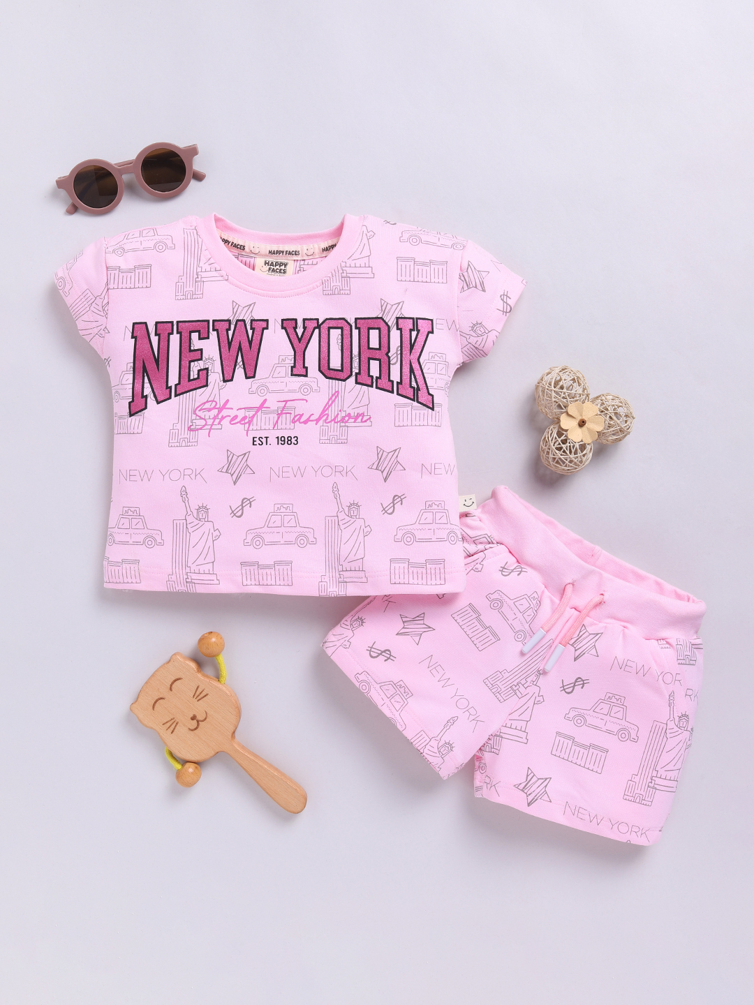 Happy Faces Graphic Printed  Pure Cotton Clothing Set For Girls(Pink , Pack Of 1)