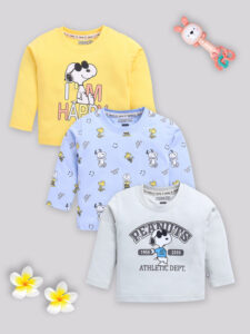 Tinyo Assorted Snoopy graphic Printed Full Sleeves T-Shirt Pure Cotton For Infant Boys (Multicolour, Pack Of 3)
