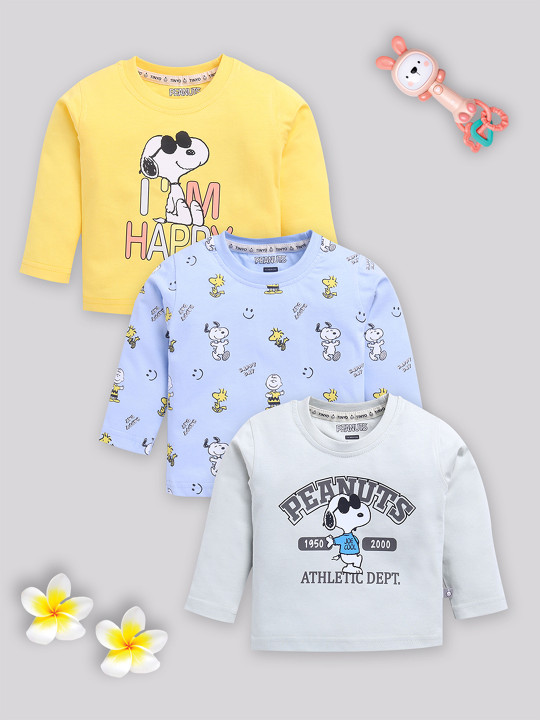 Tinyo Peanuts Printed Full Sleeves T-Shirt Pure Cotton For Infant Boys (Multicolour, Pack Of 3)