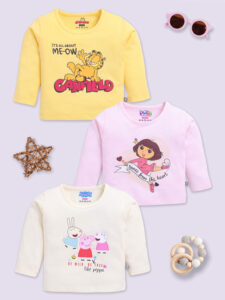 Tinyo Peppa Pig, Dora the Explorer, and Garfield Printed Full Sleeves T-Shirt Pure Cotton For Infant Girls (Multicolour, Pack Of 3)