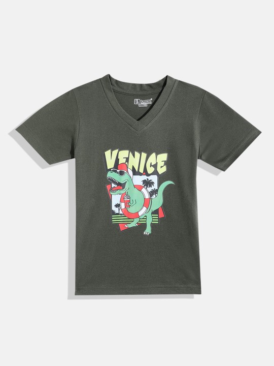 Eteenz Dino World Comic Printed Premium Cotton V-Neck T-Shirt for Boys (Olive green, Pack of 1)