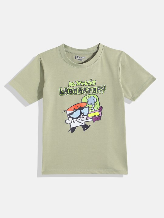Eteenz Dexter Comic Printed Premium Cotton V-Neck T-Shirt for Boys (Olive green, Pack of 1)
