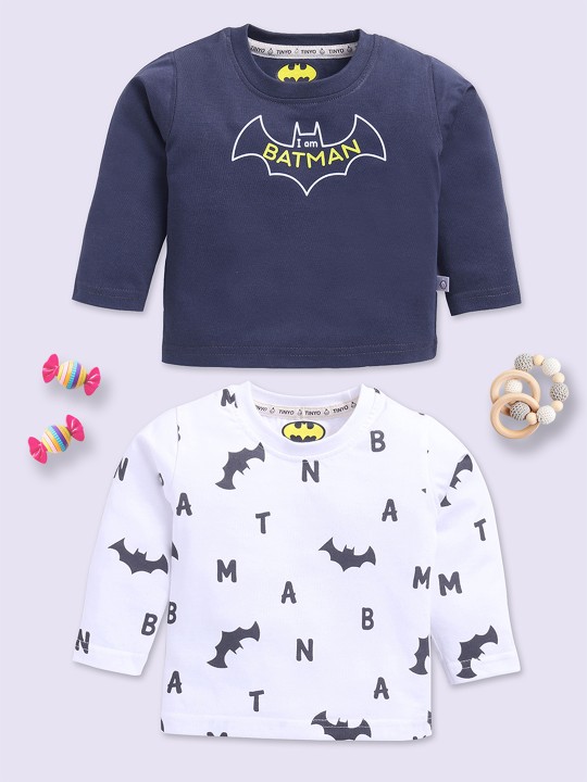 Tinyo Bat Man Printed Pure Cotton T-Shirt For Infant Boys (Multicolour, Pack Of 2)