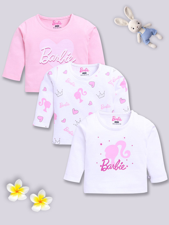 Tinyo Barbie Printed Full Sleeves T-shirt Pure Cotton For Infant Girls (Multicolour, Pack of 3)