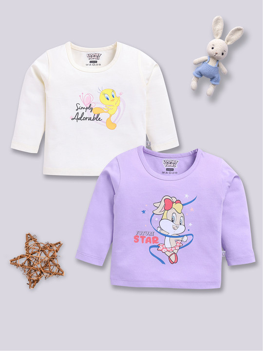 Mom’s Love Looney Tunes Printed Pure Cotton T-shirt For Infant Girls (Pack, of 2)