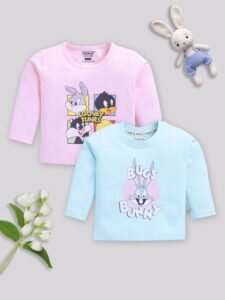 Tinyo Bug bunny and Looney Tunes Printed Pure Cotton T-Shirt For Infant Boys (Multicolour, Pack Of 2)