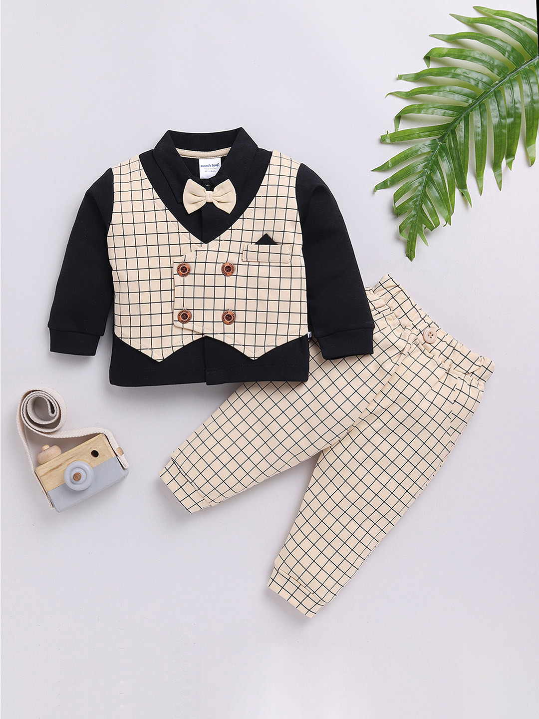 Moms’ Love Checkered Pure Cotton Clothing Set For Infant Boys (Beige, Pack Of 1)