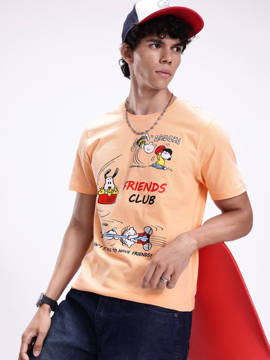 Minute Mirth Men’s Peanuts Printed Pure Cotton T-shirt (Peach, Pack Of 1)