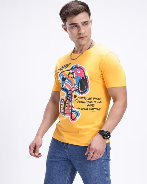 PEANUTS Printed Regular Fit Half Sleeve T-Shirt for Men – Mustard