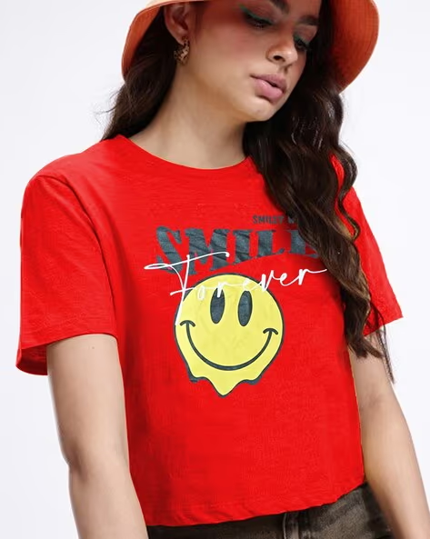Women Smiley World Printed Boxy Fit Cotton Top – Stay Cool, Stay Happy