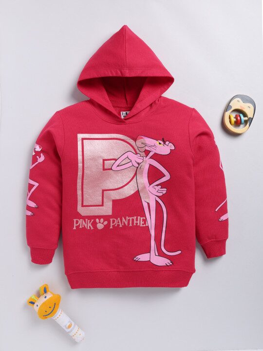 Minute Mirth Girls Pink Panther Printed Hooded Sweatshirt