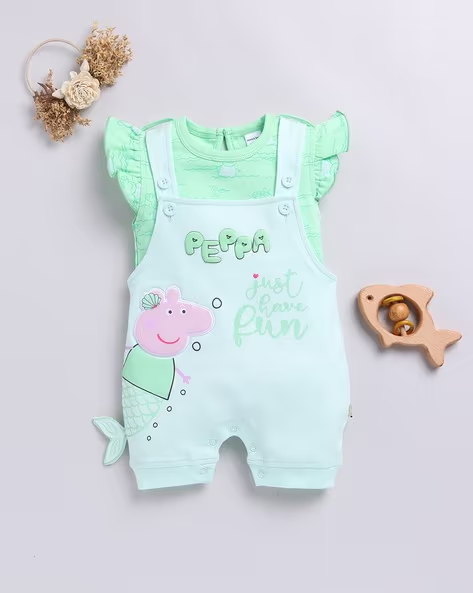 Mom’s Love Peppa Pig Pure Cotton Dungaree For Infant Girls (Light Sea Green, Pack Of 1)