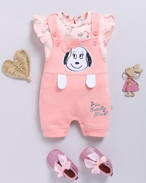 Mom’s Love Peanuts Pure Cotton Dungaree For Infant Girls (Dark Peach, Pack Of 1)