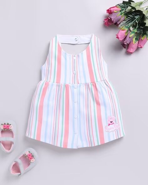 Mom’s Love Striped Pure Cotton A-line Dress For Infant Girls (Orange, Pack Of 1)