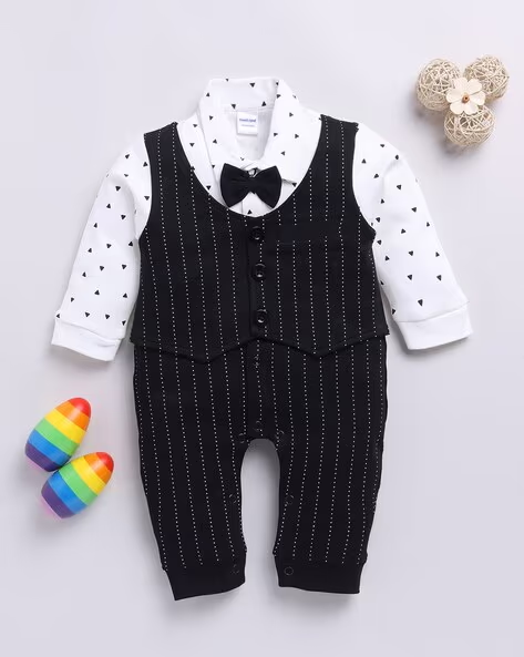 Mom’s Love Striped Pure Cotton Rompers For Infant Boys (Black, Pack Of 1)