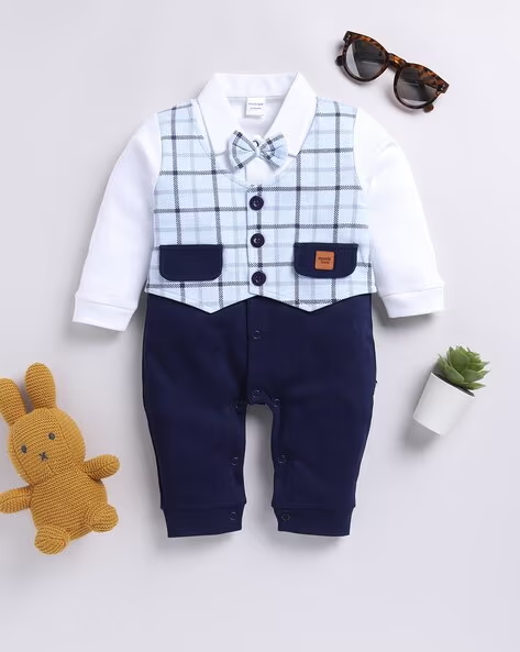 Mom’s Love Checked Pure Cotton Rompers For Infant Boys (Navy Blue, Pack Of 1)