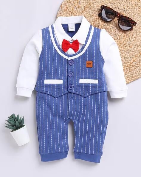 Mom’s Love Striped Pure Cotton Rompers For Infant Boys (AF Blue, Pack Of 1)