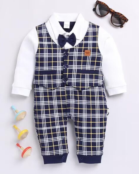Mom’s Love Checked Pure Cotton Rompers For Infant Boys (Navy, Pack Of 1)