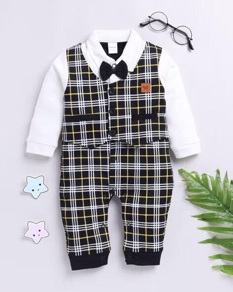 Mom’s Love Checked Pure Cotton Rompers For Infant Boys (Black, Pack Of 1)