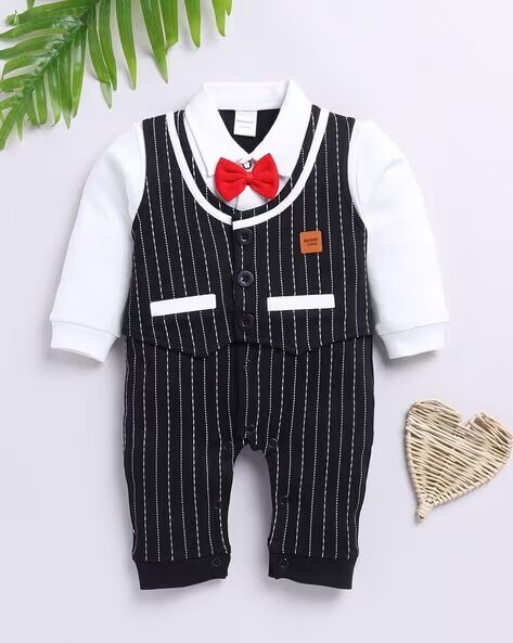 Mom’s Love Striped Pure Cotton Rompers For Infant Boys (Black, Pack Of 1)