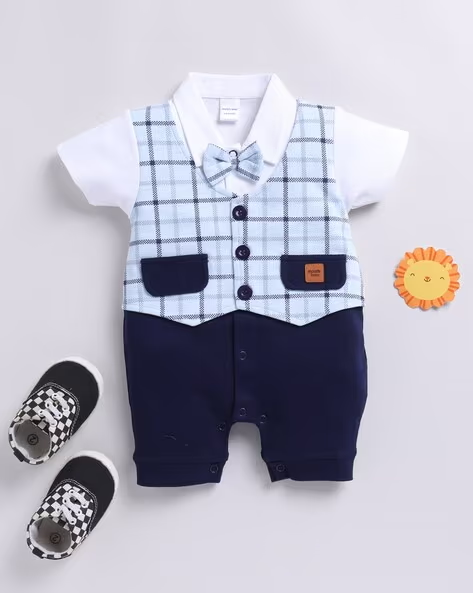 Mom’s Love Checked Pure Cotton Rompers For Infant Boys (Navy, Pack Of 1)