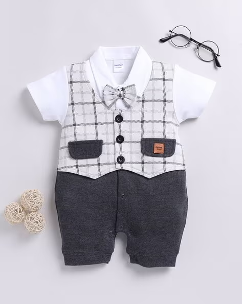 Mom’s Love Checked Pure Cotton Rompers For Infant Boys (Charcoal, Pack Of 1)