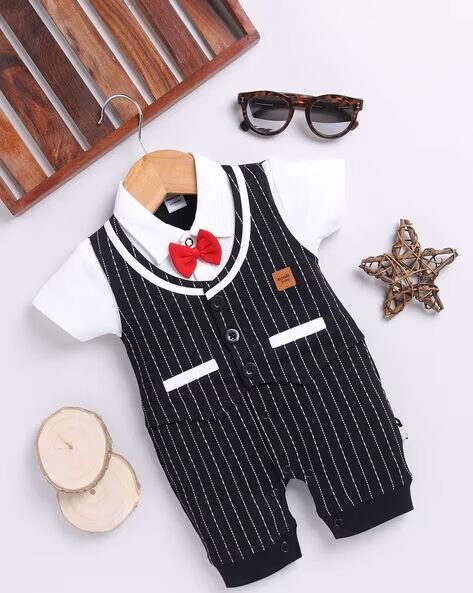 Mom’s Love Striped Pure Cotton Rompers For Infant Boys (Black, Pack Of 1)
