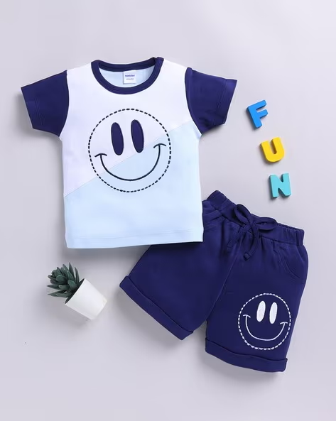 Mom’s Love Smiley World Printed Cotton Clothing Set For Infant Boys (Blue, Pack Of 1)