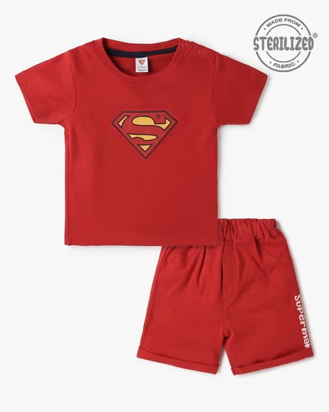 Mom’s Love Superman Printed Pure Cotton Co-Set For Infant Boys (Red, Pack Of 1)