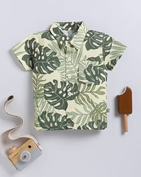 Mom’s Love Tropical Print Pure Cotton Shirt For Infant Boys (Green, Pack of 1)