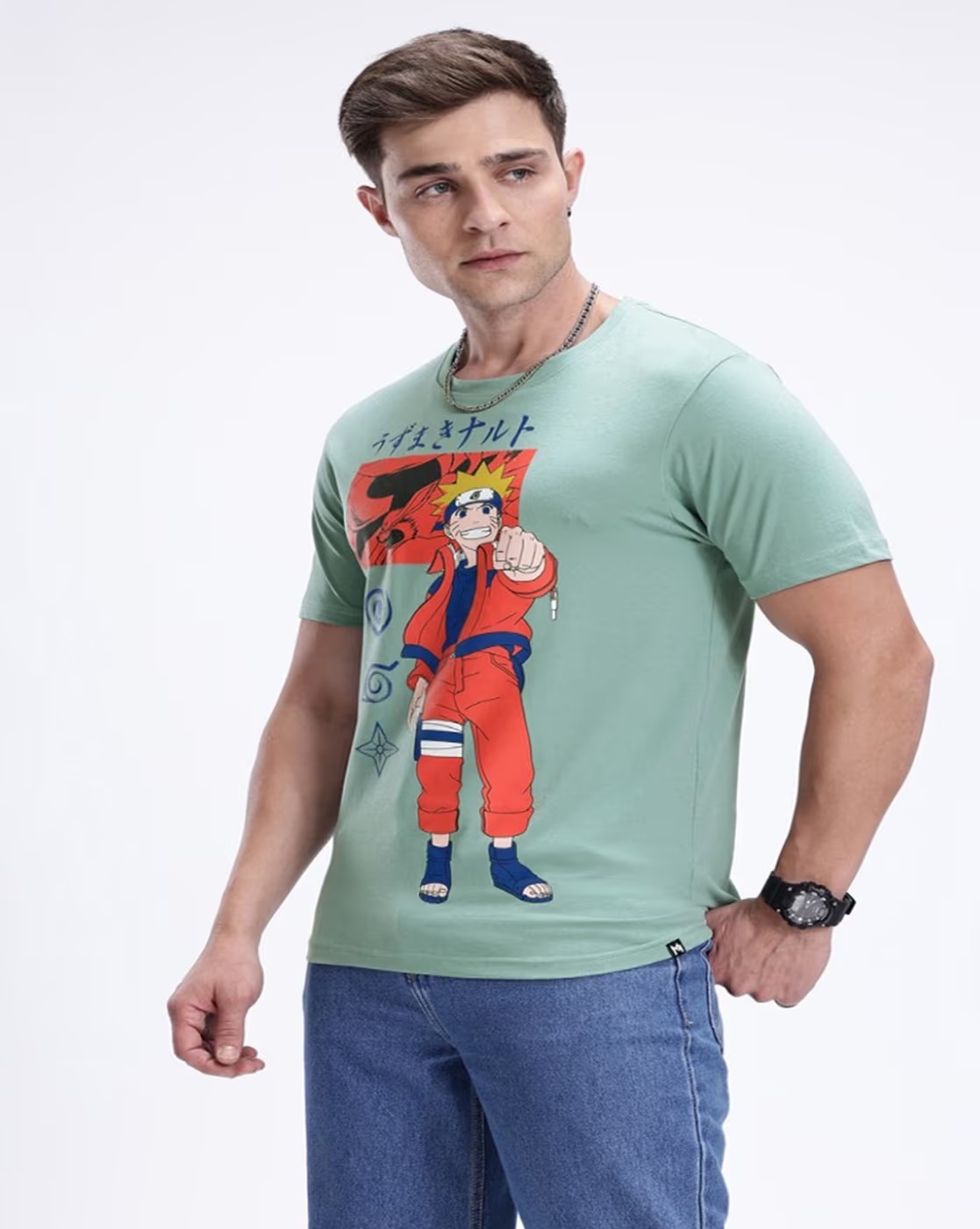 Men’s Naruto Graphic Print Regular Fit Cotton T-Shirt – Green