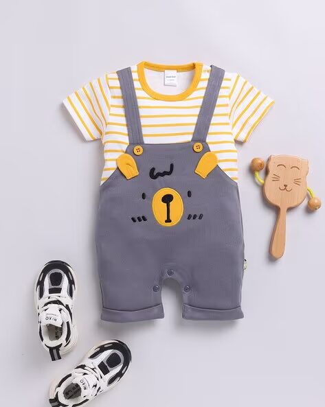 Mom’s Love Striped Pure Cotton Romper for Infant Boys (Charcoal, Pack of 1)