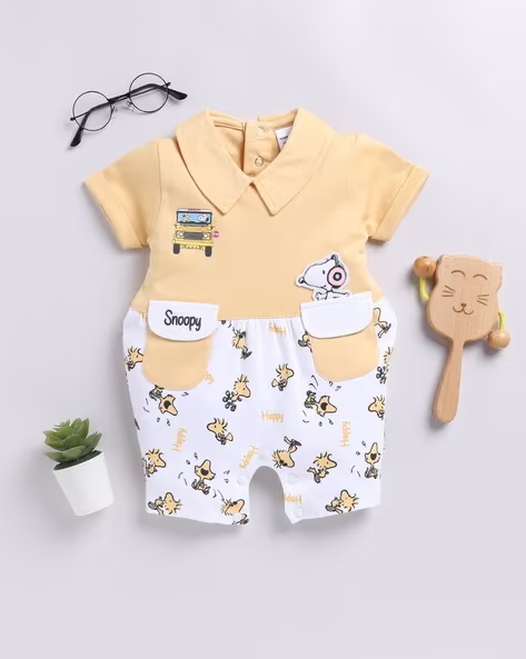 Mom’s Love Peanuts Printed Pure Cotton Romper for Infant Boys (Yellow, Pack of 1)