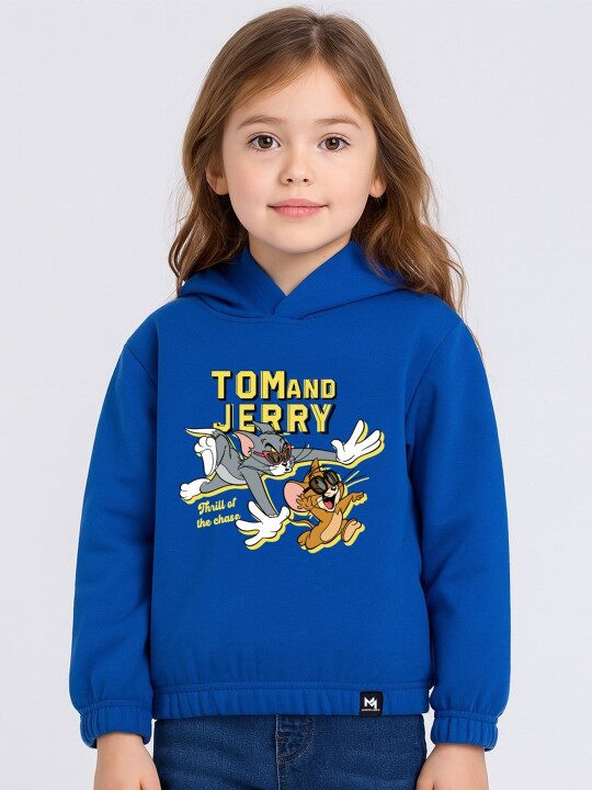 Minute Mirth Girls Blue Tom & Jerry Graphic Hooded Sweatshirt
