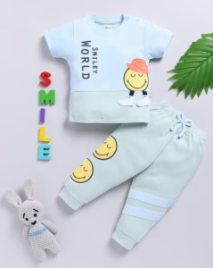 Mom’s Love Smiley World Pure Cotton Co-Ord Set For Infants Boys (P.Blue , Pack Of 1)