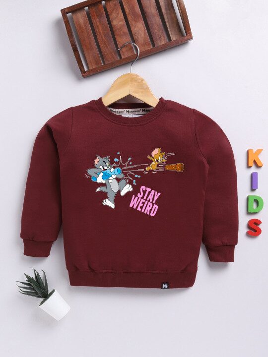 Minute Mirth Girls Maroon Printed Fleece Sweatshirt