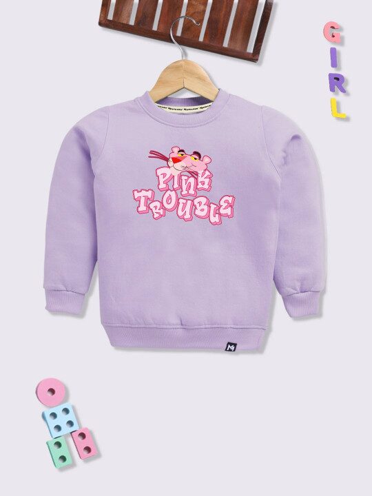 Minute Mirth Girls Purple Pink Panther Printed Fleece Sweatshirt