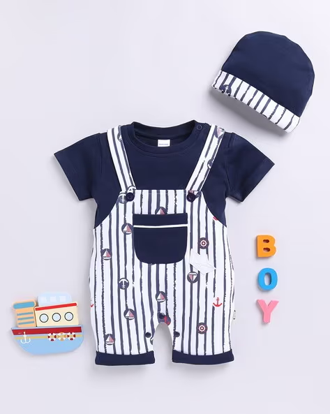 Mom’s Love Printed Pure Cotton Romper with Beanie for Infant Boys (Navy, Pack of 1)