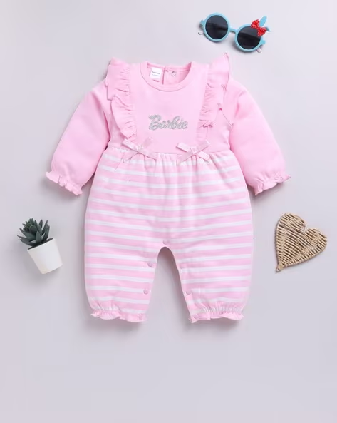 Mom’s Love Barbie striped Pure Cotton Romper for Infant Girls(L.Pink,Pack of 1)