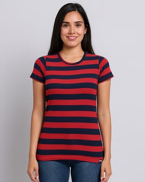 Women Red Striped Regular Fit Pure Cotton Top