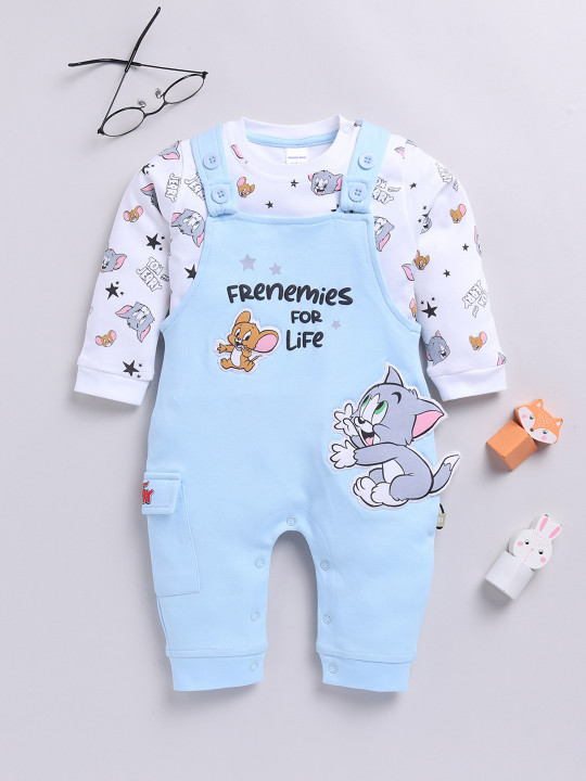 Mom’s Love Tom & Jerry Printed Pure Cotton Dungaree For Infant Boys (Light Blue, Pack Of 1)