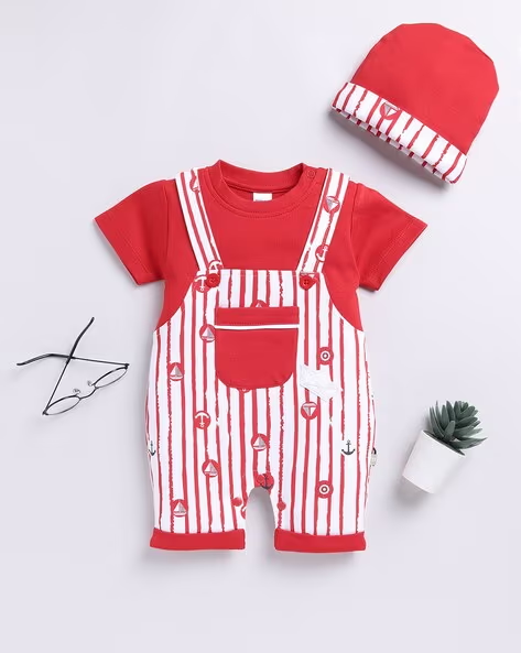 Mom’s Love Printed Pure Cotton Romper with Beanie for Infant Boys (Red, Pack of 1)