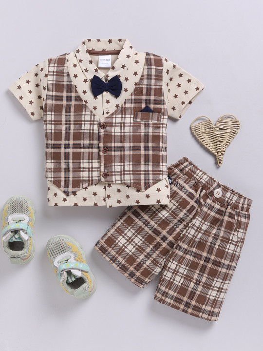 Mom’s Love Star Printed Pure Cotton Clothing Set For Infant Boys (Brown, Pack of 1)