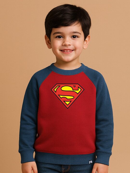 Minute Mirth Boys Red & Navy Blue Superman Printed Fleece Sweatshirt